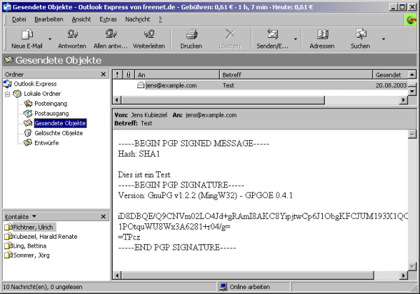 Ansicht des Hauptfensters nach Versand der E-Mail