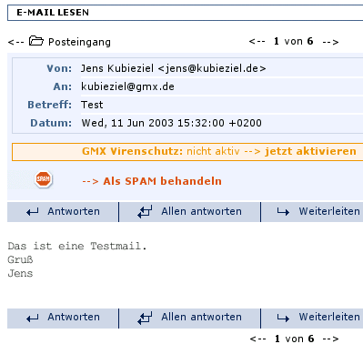 Ansicht
  der E-Mail bei GMX